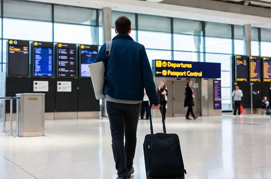 A British traveller walking through airport departures with a suitcase