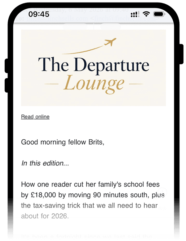 Preview of The Departure Lounge weekly newsletter on a phone
