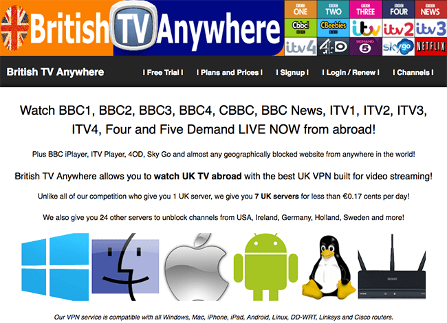 British TV Anywhere lets you watch UK TV abroad and claims to have the best UK VPN for video streaming